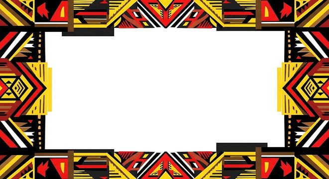 Vibrant African-inspired border design with geometric patterns surrounds empty white space for creative use.