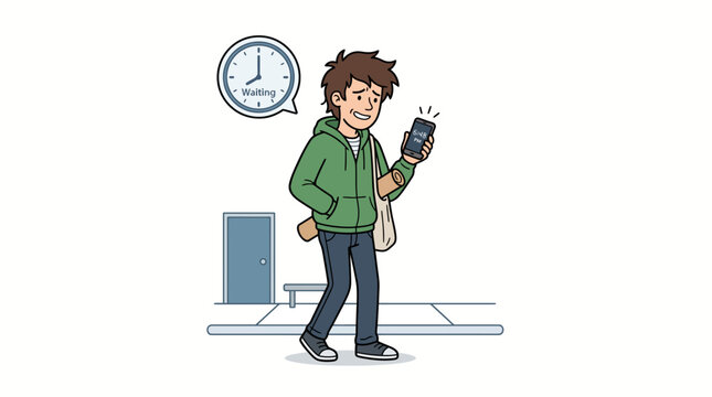 Cartoon illustration of a young man arriving early and waiting awkwardly while checking his phone