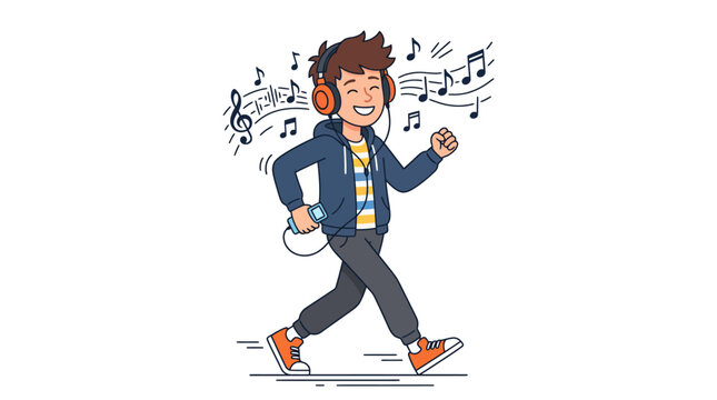 Happy young man walking and syncing his pace to the beat of the music with headphones