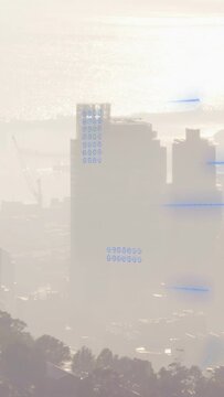 Vertical video: Blue bits entering as sky glowing, forming grids, fading, showing data over towers
