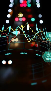 Vertical video: Holographic 3D HUD expanding after bokeh shift, showing market trends with candles