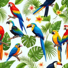 A vibrant tropical pattern featuring colorful parrots and lush foliage © Wulan