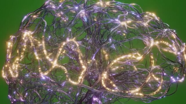 A tangled ball of blue and white string lights against a solid green background, evoking a sense of festive decoration and holiday ambiance.