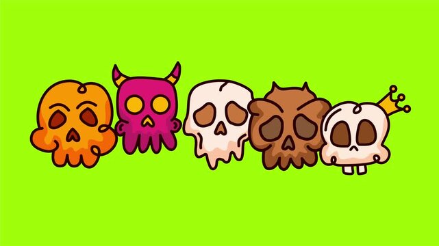 Row of five diverse cartoon skulls on vibrant green background