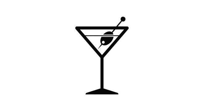 Minimalist vector graphic illustration of a martini glass containing a single olive on a toothpick designed for modern bar menu branding or professional cocktail signage