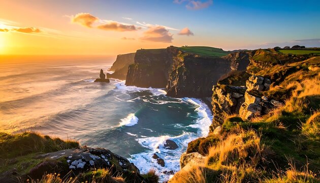 Serene coastal landscape with rugged cliffs and ocean waves at sunset