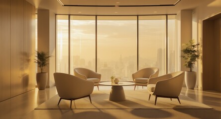 Fototapeta premium Luxury office interior with a cityscape view, four chairs and coffee table. Warm lighting and plants