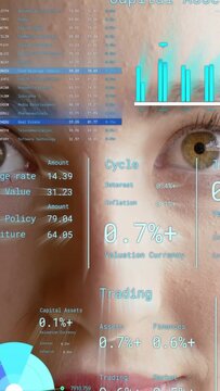 Vertical video: Woman opening eyes and scanning AR finance overlay, charts updating, sparking smile