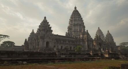 Fototapeta premium Majestic ancient temple complex under overcast skies, showcasing detailed architecture