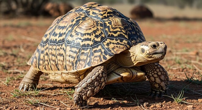 Close up of a tortoise walking on dry earth under natural sunlight