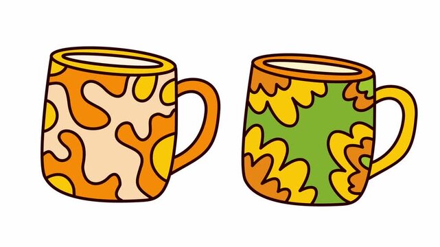 two colorful coffee mugs with floral and camo pattern design