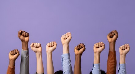 Fototapeta premium A symbolic representation of several hands raised in solidarity, personifying the strength and collective power of unity and struggle for a common cause.