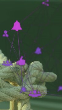 Vertical video: Overlay appearing on rope knot, icons floating and connecting, showing network hub