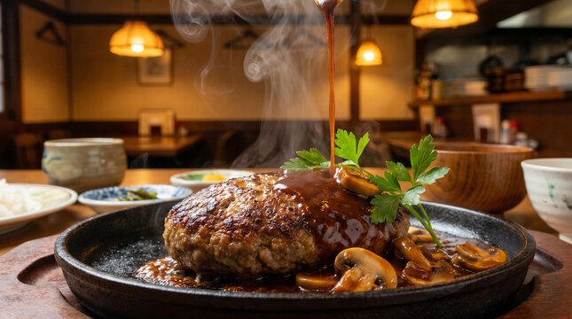 Juicy Japanese Hamburger Steak with Demi-glace Sauce on Skillet