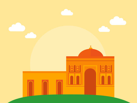 Alai Darwaza is the main gate on the southern side of the Quwwat-ul-Islam Mosque in the Qutb Minar complex in Delhi, India. India illustrations. Flat vector concepts.