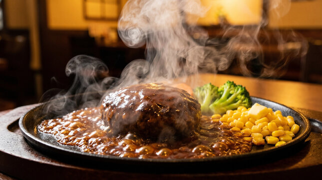 Sizzling Hamburger Steak with Demi-Glace Sauce on Hot Plate