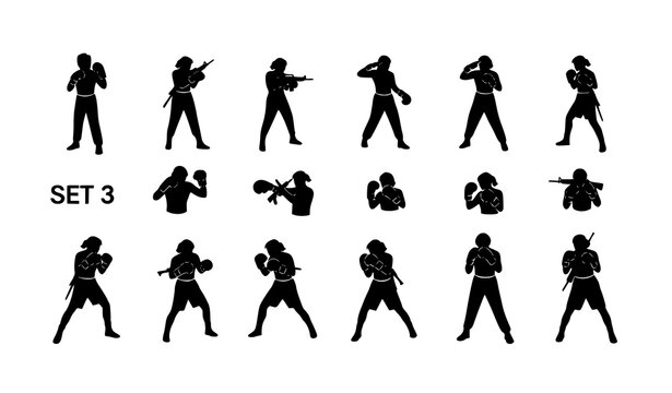 Boxer silhouette poses set fighting stances punch actions sports vector eps10