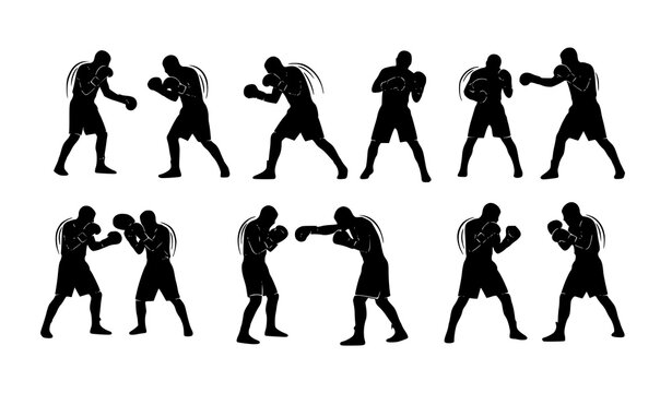 Dynamic boxer silhouettes set combat sport action poses boxing vector eps10