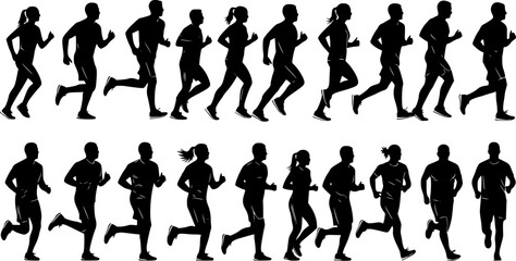 Fototapeta premium Running men and women, isolated vector silhouettes. Run, side view. Silhouettes of athletic looking male and female runners running. Transparent EPS version.