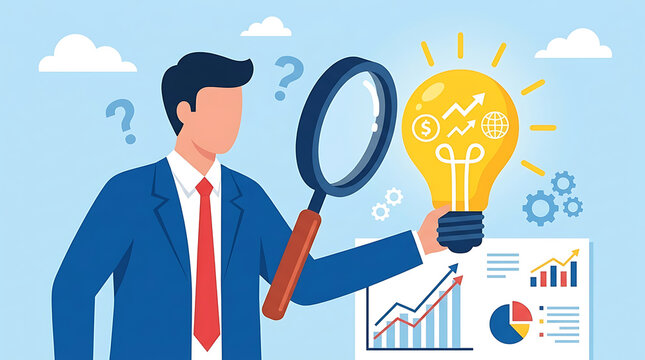 Professional businessman using magnifying glass to validate market viability and analyze startup idea feasibility for commercial success through strategic research and financial evaluation.
