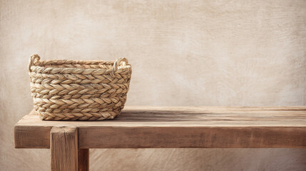 Fototapeta premium Seagrass braided basket with handles, rustic wooden table