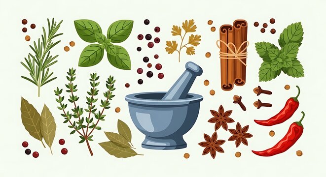 Culinary herbs and spices with mortar and pestle on white background