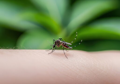 Close-up of mosquito on human skin with green blurred background