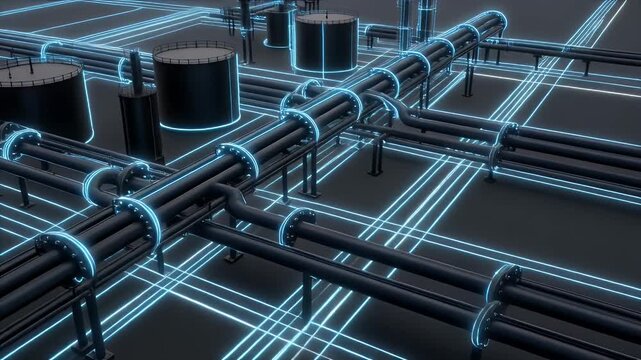 Digital render of a futuristic industrial pipeline network with glowing blue connections, symbolizing advanced technology and efficient energy infrastructure