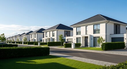 Fototapeta premium Modern suburban homes with manicured lawns and hedges on a sunny day with blue sky