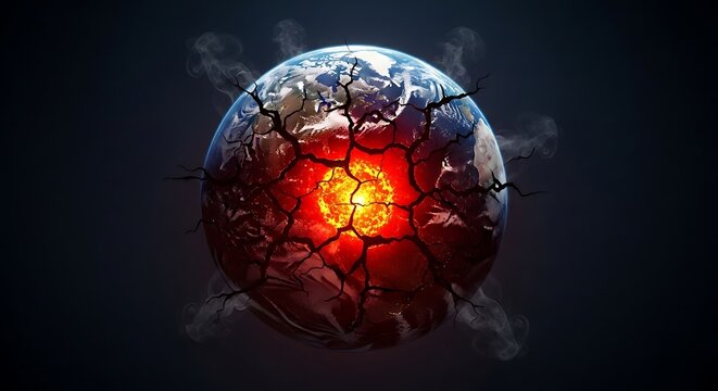 Conceptual illustration of planet earth showing cracks and fiery core
