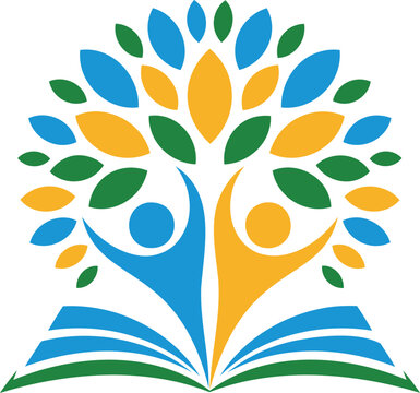 Colorful illustration of people and tree growing out of an open book  symbol of learning and growth