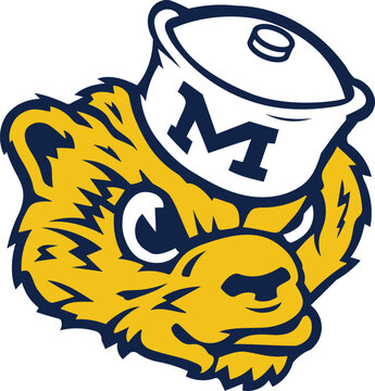 A high-quality digital illustration of a fierce wolverine mascot wearing a sailor cap with the letter "M," designed in the classic blue and maize colors. This vintage-inspired sports graphic represent