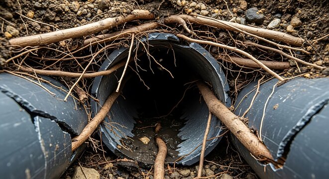 Close up of damaged plastic pipe with intruded roots in soil