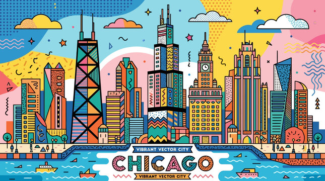 Vibrant and colorful illustration of the Chicago city skyline.
