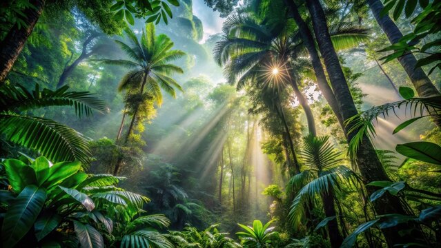 A photo of dense tropical rainforest canopy, towering trees with thick leaves rustling in the breeze, misty atmosphere filtering through, vibrant colo