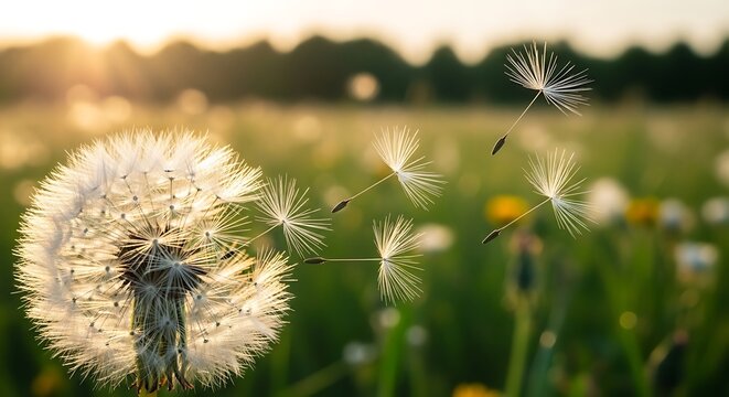 Close up of dandelion seed head with seeds blowing in the wind at sunset