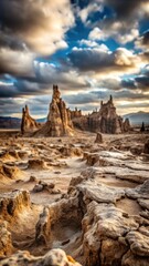 Naklejka premium A photo of a barren landscape with jagged rock formations that appear to have melted away, revealing layers of exposed earth and mineral deposits bene