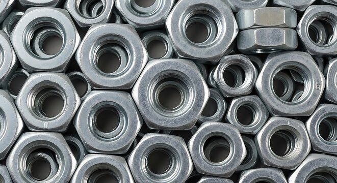 Close up of numerous metal nuts arranged together industrial background