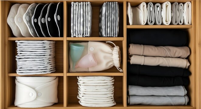 Clothing and underwear organized in a wooden drawer compartments  tidy storage