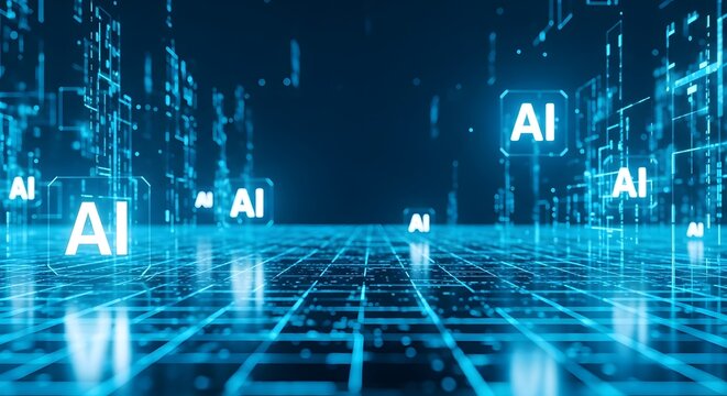 Multiple ai holographic icons floating over a glowing digital grid floor