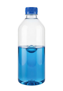 Clear plastic water bottle half-filled with blue liquid isolated on transparent background