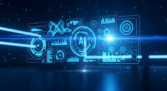 Holographic artificial intelligence data panel with glowing light rays