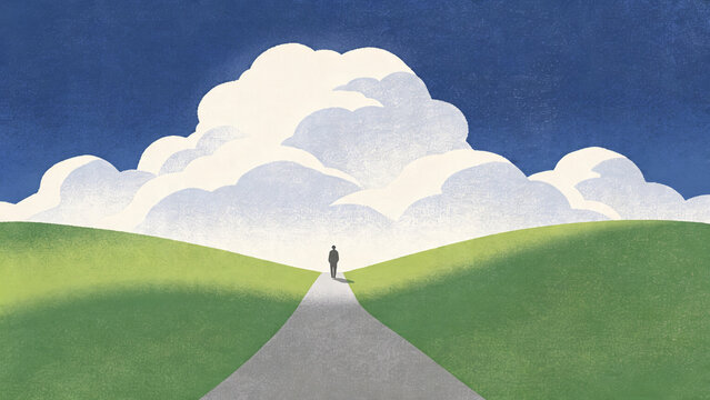 Abstract geometric landscape, simplified green hill forms with smooth color gradients, gray path converging toward horizon, minimal human silhouette for scale, stylized white cloud masses against deep