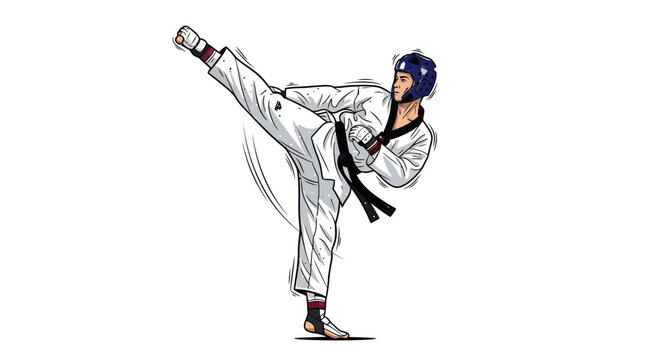 Martial Artist Performing High Kick in Taekwondo Uniform