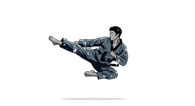 Martial artist performs dynamic flying kick in taekwondo uniform against white background