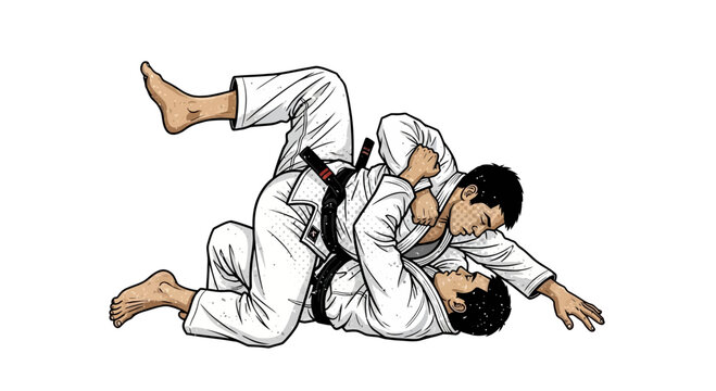 Two men grappling in martial arts uniform, combat sport demonstration