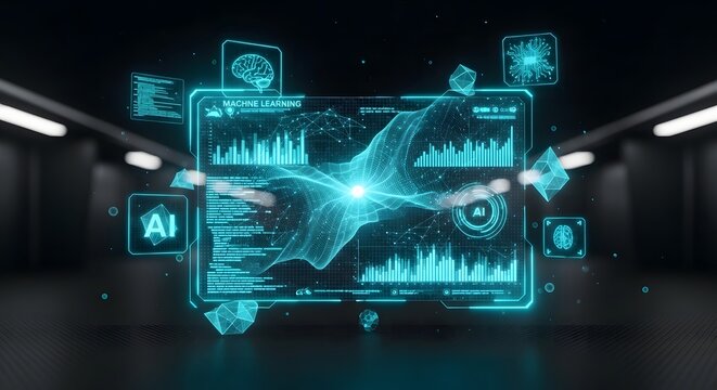 Machine learning interface with brain hologram and analytical charts