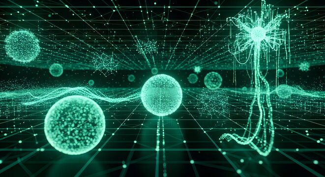 Biological neural network representation with glowing cellular spheres