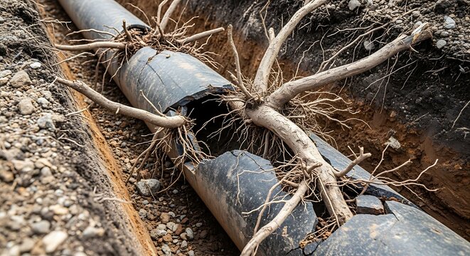 Damaged pipe with roots intrusion in trench infrastructure problem