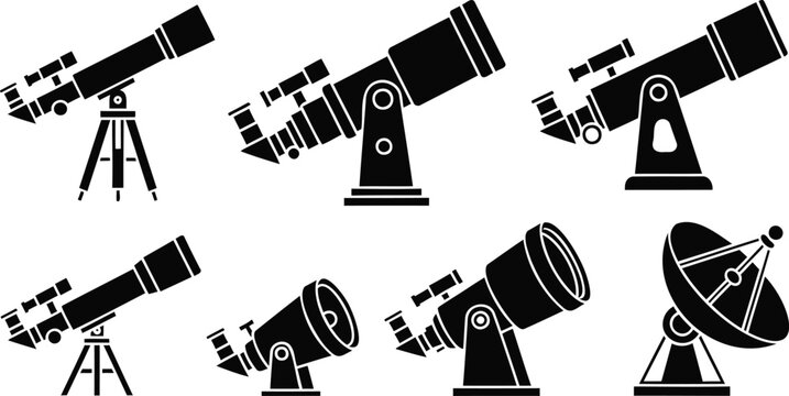 Collection of various black and white telescope icons for astronomy and stargazing enthusiasts online